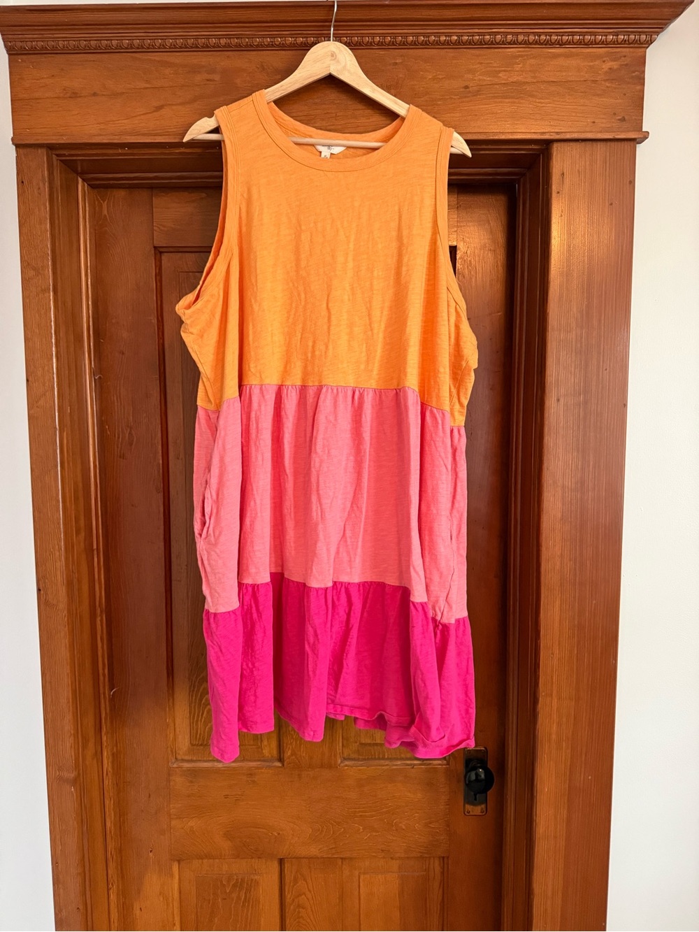 Terra & Sky Sleeveless Colorblock Tiered Dress in Orange, Light Pink & Hot Pink